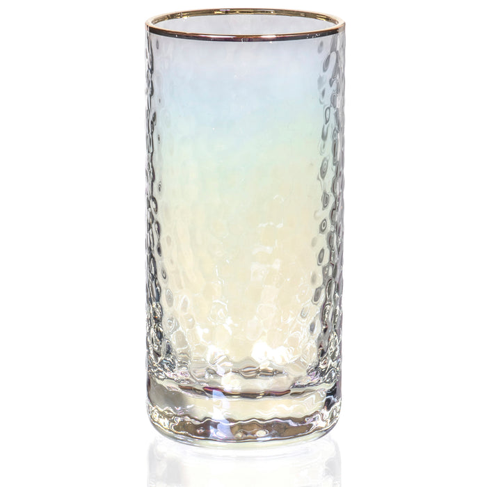 Set of 4 Iridescent Cylinder Drinking Glasses with Gold Rim (10 fl oz)