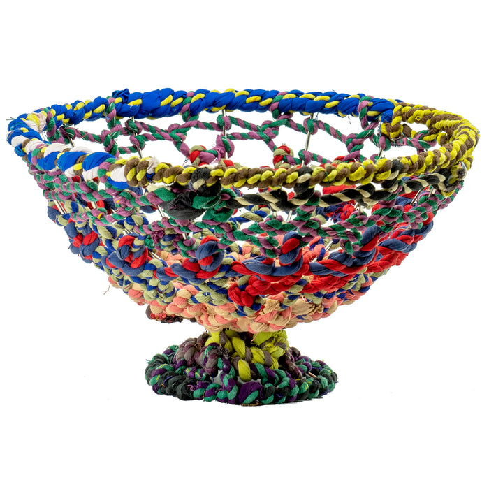 Red Co. Round Colorful Decorative Jute and Metal Wire Bowl on Pedestal Base, Fruit Server Display, 11-Inch