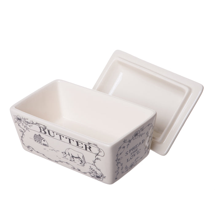 Red Co. Lovely Country Themed Stoneware Butter Dish with Lid, Off-White, 6-inch