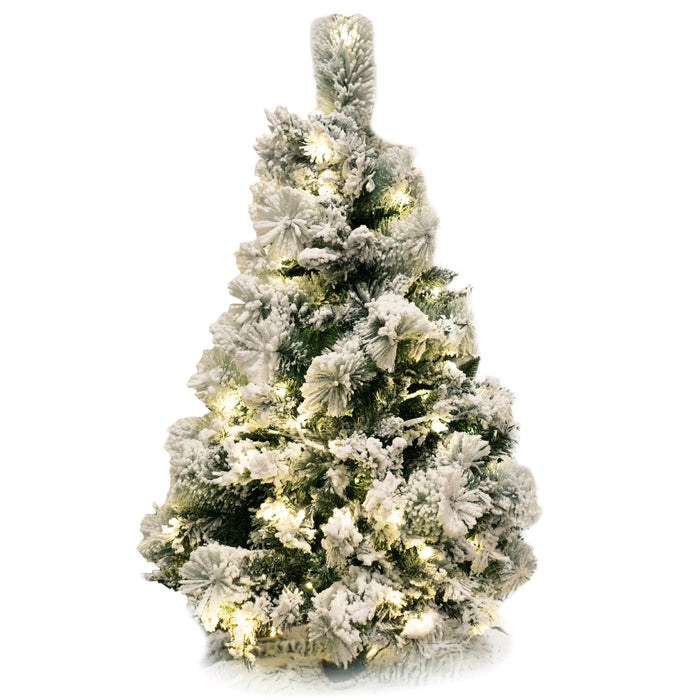 Red Co. 4-Foot Premium Snow-Flocked Artificial Christmas Tree - 120 UL Certified Warm White LED Lights with Metal Stand
