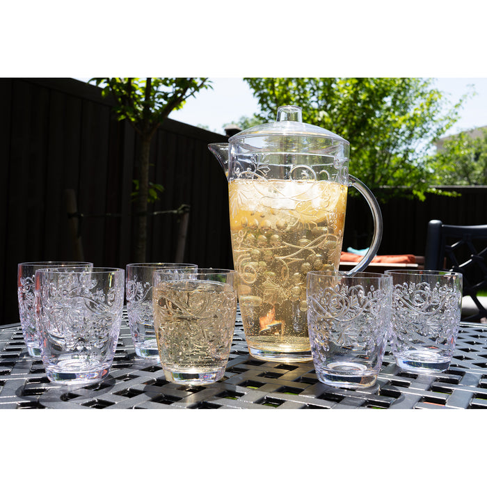 Break Resistant "Fruits" Clear Plastic Pitcher with Lid and 6 Tumbler Glasses Set - Perfect for Iced Tea, Sangria, Lemonade (93 fl oz. pitcher - 13 fl oz. glasses)
