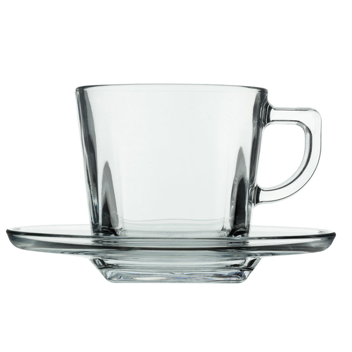 Lecce Squared Clear Glass Tea & Coffee Cups with Saucers, Set of 6-7 oz