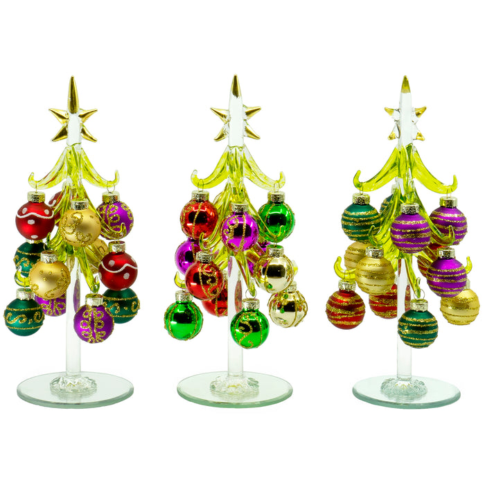 Red Co. Glass Christmas Tree Tabletop Display Decoration with Assorted Ball Ornaments, Holiday Season Decor, 8 Inches, Set of 3