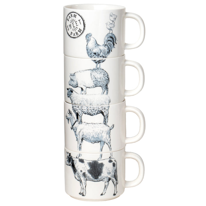 Casual Country Black & White Farm Animals Ceramic Stoneware Stacking Mug - Stackable Tea & Coffee Cups, 10 oz. - Set of 4