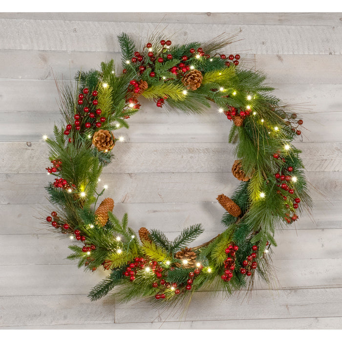 Red Co. Light-Up Christmas Wreath with Pinecones & Pine, Battery Operated LED Lights with Timer (30 inches - Diameter)
