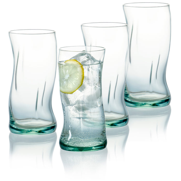 Red Co. Set of 4 Tall Wavy Recycled Glass 15 Fl Oz Beverage Drinking  Tumblers, Clear/Turquoise Gradient