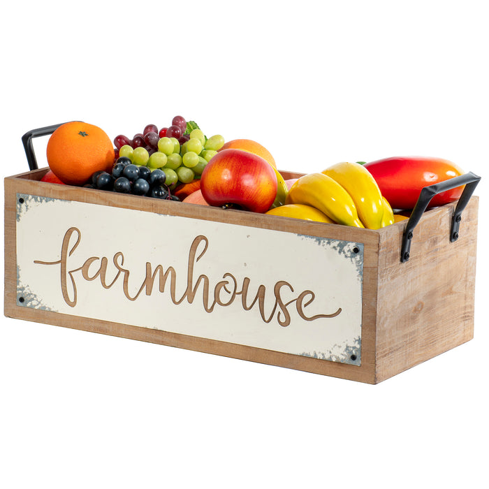 Red Co. Decorative Country Farmhouse Wooden Storage Crate with Calligraphy Cutout and Metal Handles - 18" L x 9.25" W