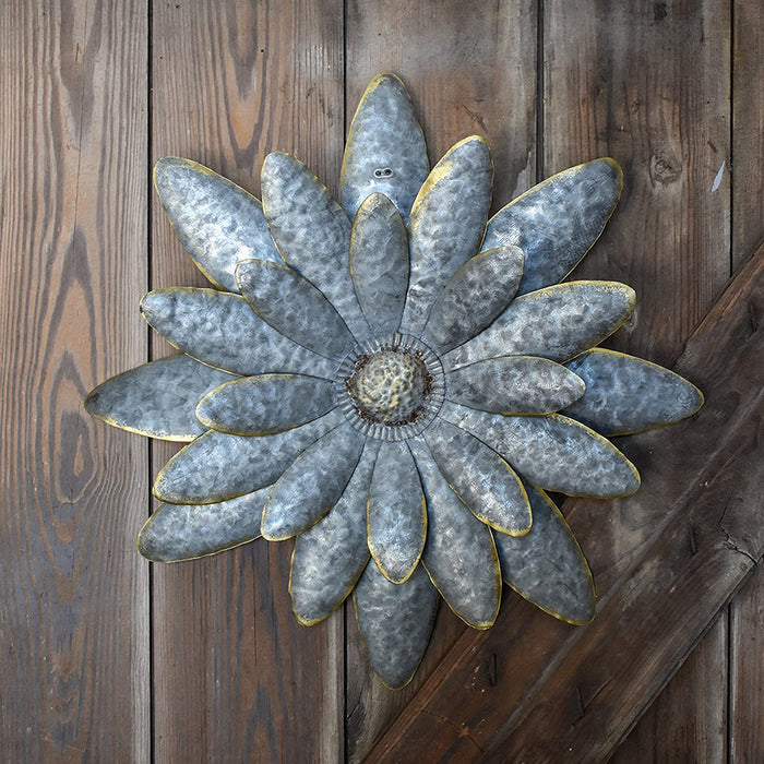 Daisy Dimensional Antique Tin Galvanized Metal Flower Petals Hanging Mounted Wall Décor Wreath, 12 Inches