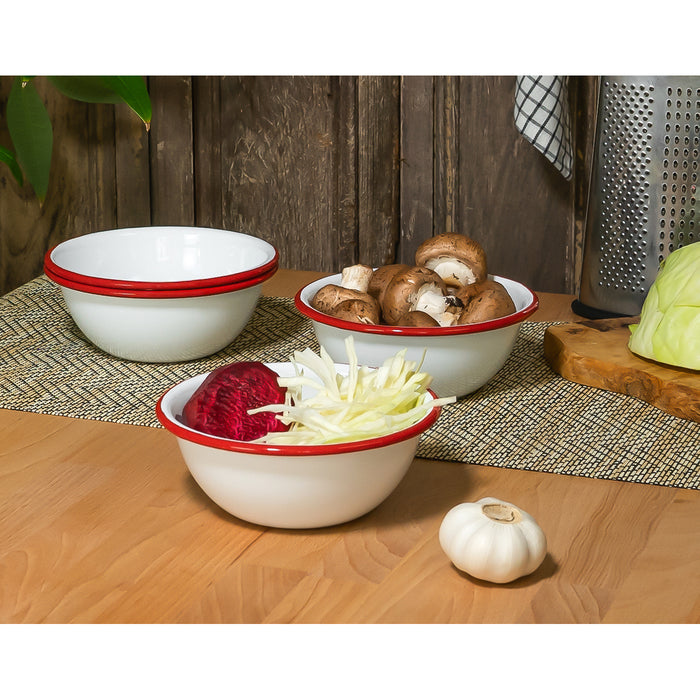 Red Co. Set of 4 Enamelware Metal Classic 20 oz Round Cereal Bowl, Solid White/Red Rim