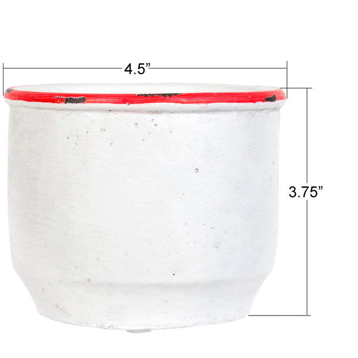Red Co. Distressed White Cement Planter with Red Rim for Succulents and Cacti 4.5" D X 3.75" H