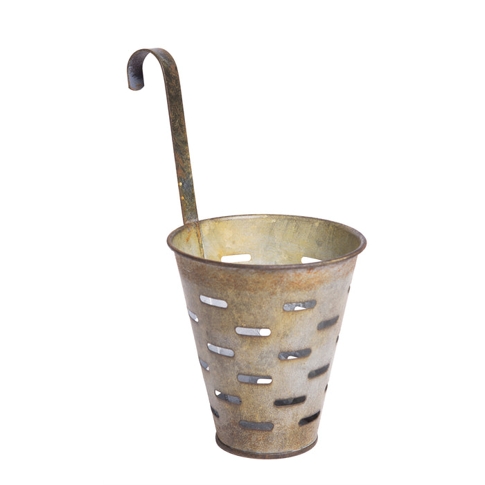 Vintage Distressed Metal Bucket with Hook, Decorative Wall Basket Planter, Hanging Flower Pot, Olive, 3-inch