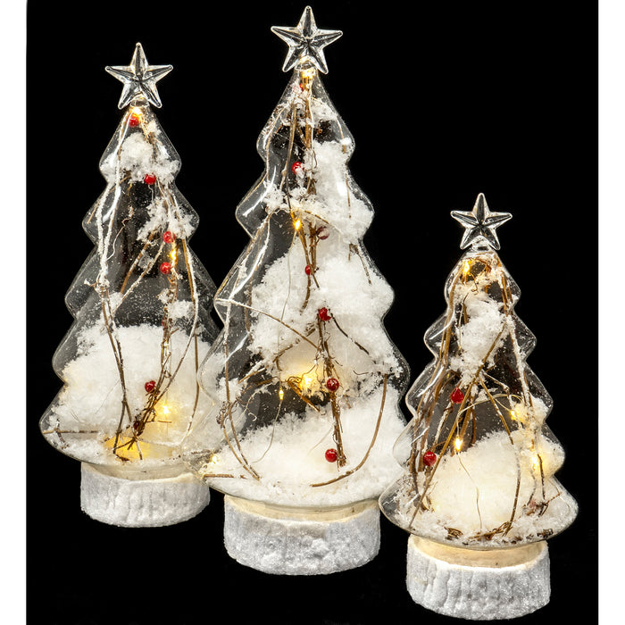 Red Co. Glass Christmas Tree Figurine Ornaments, Light-Up Holiday Season Decor, 13.5-inch, 12-inch, 10-inch, Set of 3