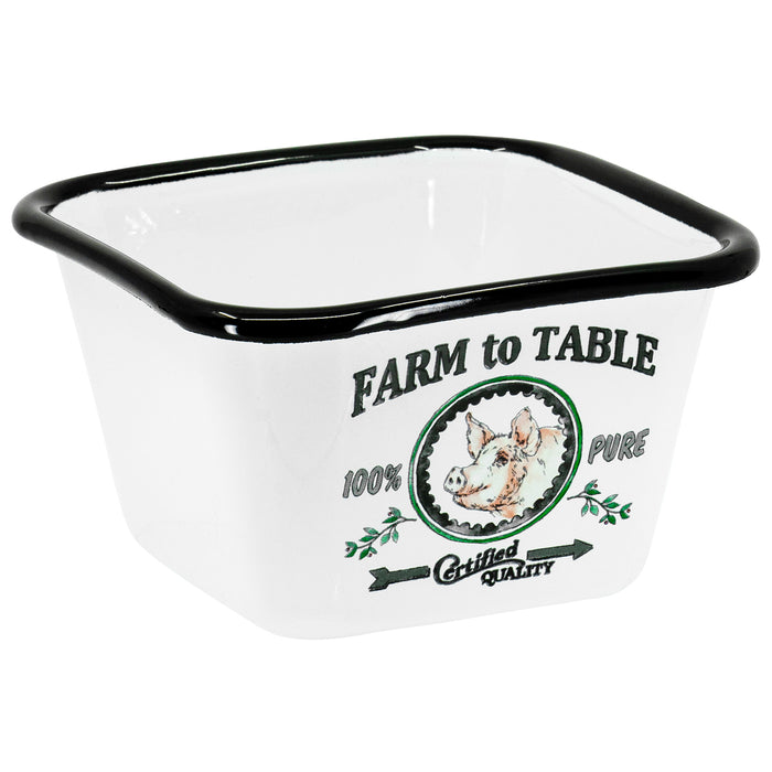 Red Co. All-Purpose Small Square Metal Bowl with Farm to Table Logo, Solid White/Black Rim, 5.75-Inch