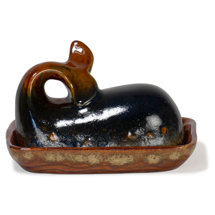Red Co. Glazed Brown Stoneware Decorative Butter Dish with Black Whale Shaped Lid Countertop Storage Container - 7 Inch