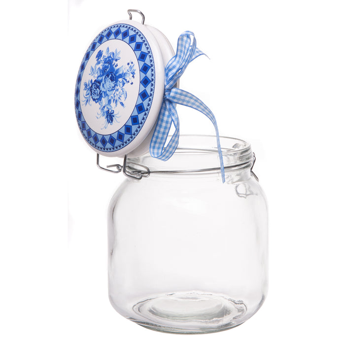Exclusive Medium Food Storage Glass Jar Canister with White and Blue Ceramic Flip Airtight Lid and Decorative Ribbon Bow, 37.2 Ounces