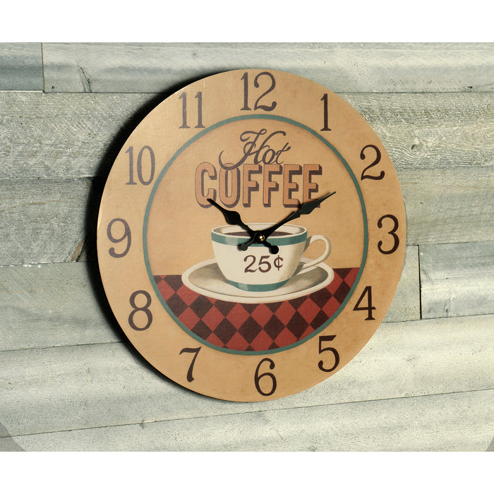 Hot Coffee 25¢ — Round Wood Style Wall Clock - Farmhouse Rustic Home Decor - 13 Inches Diameter