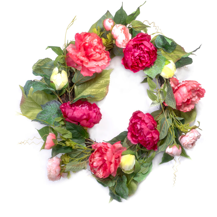 Red Co. Artificial Peony Garden, Spring Floral Natural Twig Wreath - Home Decor for Front Door or Indoor Wall - 22"