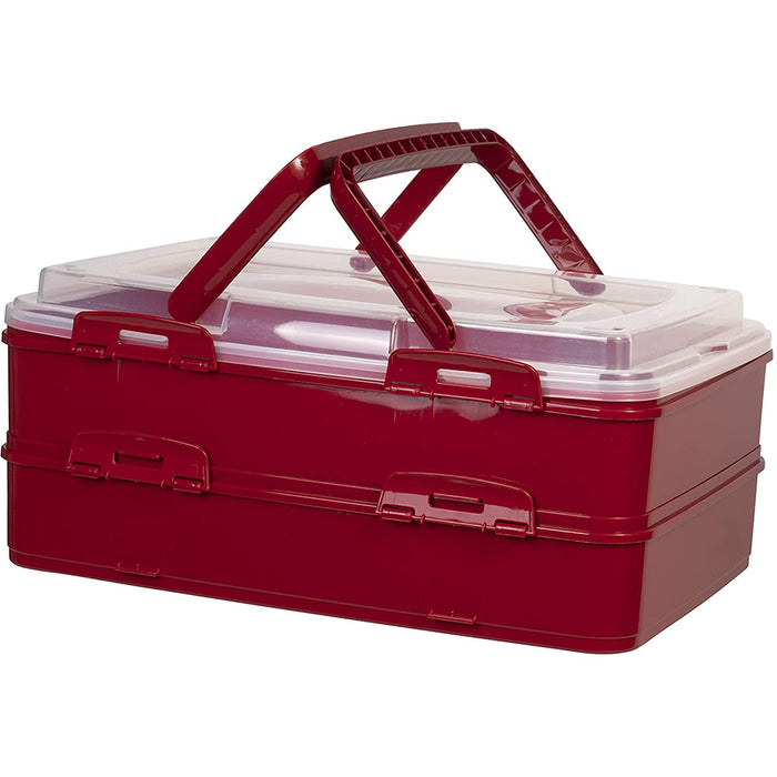 Red Co. Red Rectangular 2 Tiered Pastry and Pie Carrying Box Folding Handle Multi Purpose Food Storage - 16.5" x 7" x 11.25"