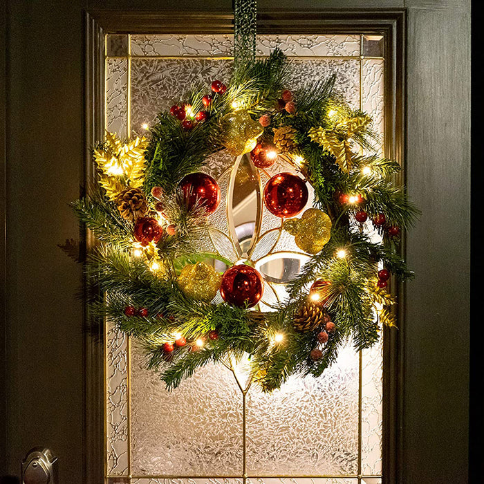 22 Inch Light-Up Christmas Wreath with Red & Gold Ornaments, Solar Powered LED Lights