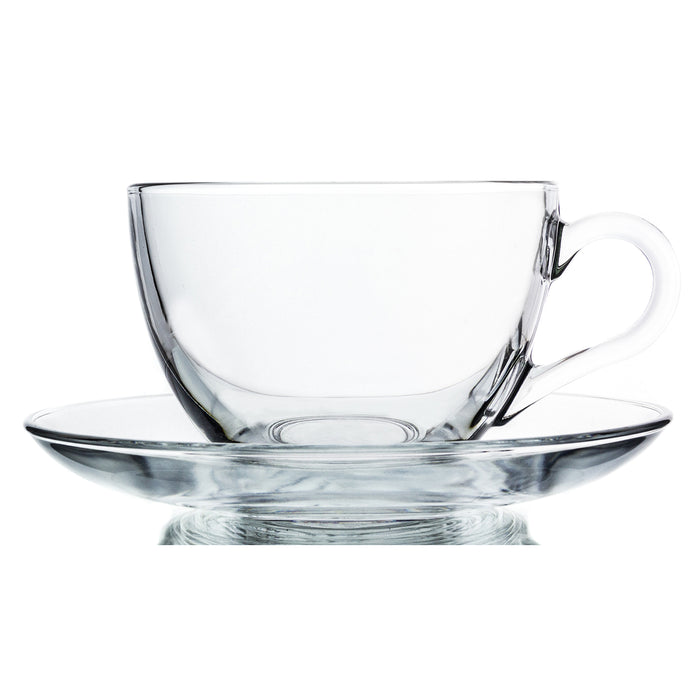 Acapella Classic Clear Glass Tea & Coffee Cups with Saucers, Set of 6 - 6.75 oz