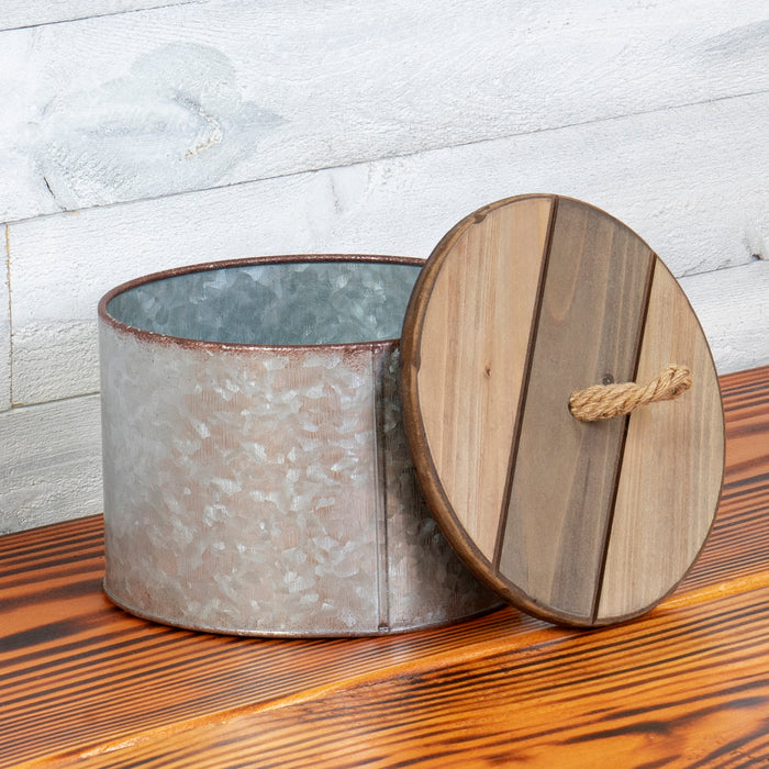 Rustic Galvanized Metal Round Storage Box with Wooden Lid - Country Style
