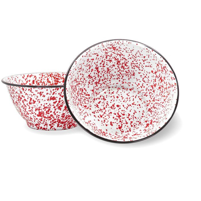 Red Co. Set of 2 Enamelware Metal Large Classic 4 quart Round Salad Serving Bowl, Marble/Black Rim - Splatter Design