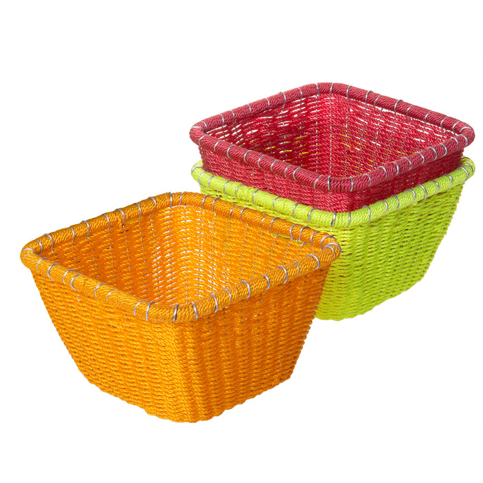 Red Co. Vibrant Square Woven Colorful Rope Decorative Bowls, Set of 3 8-Inch Baskets, Assorted Colors