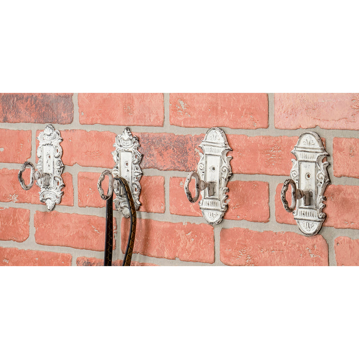 Red Co. Decorative Vintage Inspired Metal Wall Hanging Hooks in Distressed White Finish – Key & Lock – Set of 4