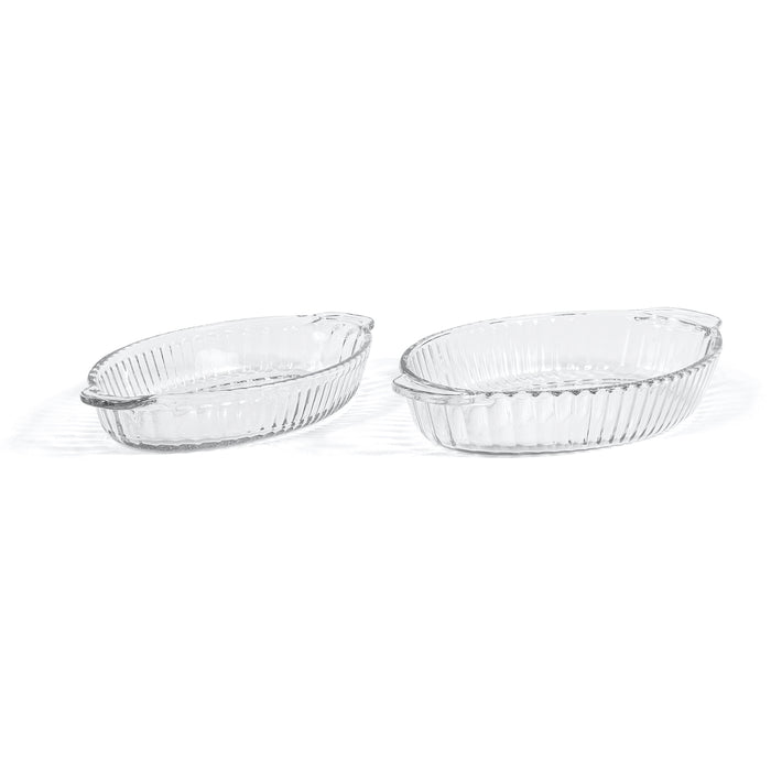 Red Co. Oval Glass Ribbed Serving Dish with Handles for Hot and Cold Foods, Salads, Fruits, Rolls, Dishwasher Safe - 10.25" x 6" x 1.75", Set of 2