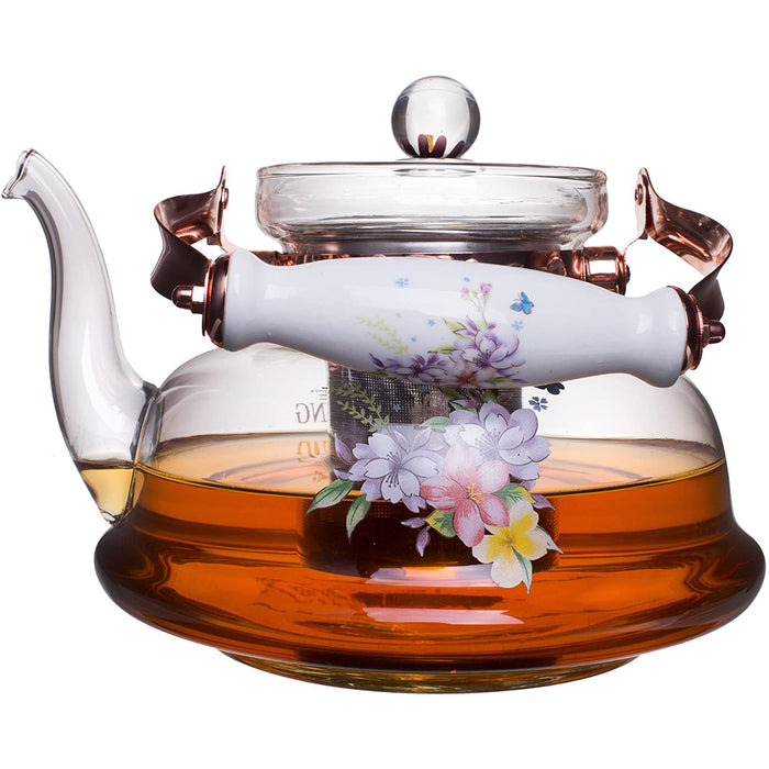 Pastel Flowers European Style Glass Stovetop Teapot with Stainless Steel Infuser