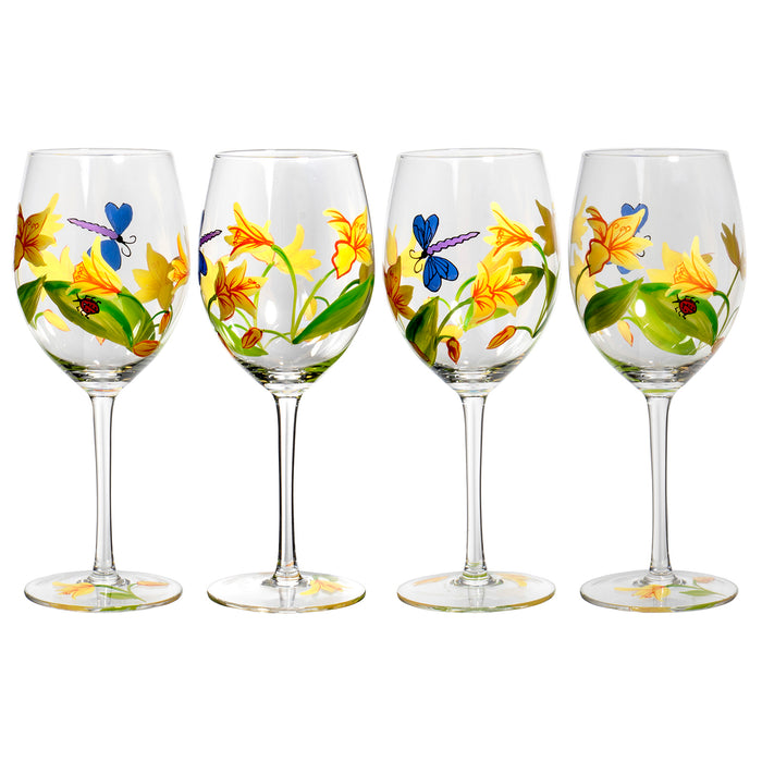 Red Co. Dragonfly Ladybug Yellow Flower Garden Painted Wine Glass Set of 4, 18 oz.