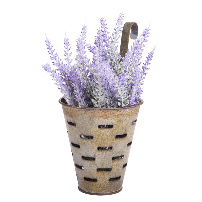 Vintage Distressed Metal Bucket with Hook, Decorative Wall Basket Planter, Hanging Flower Pot, Olive, 3-inch