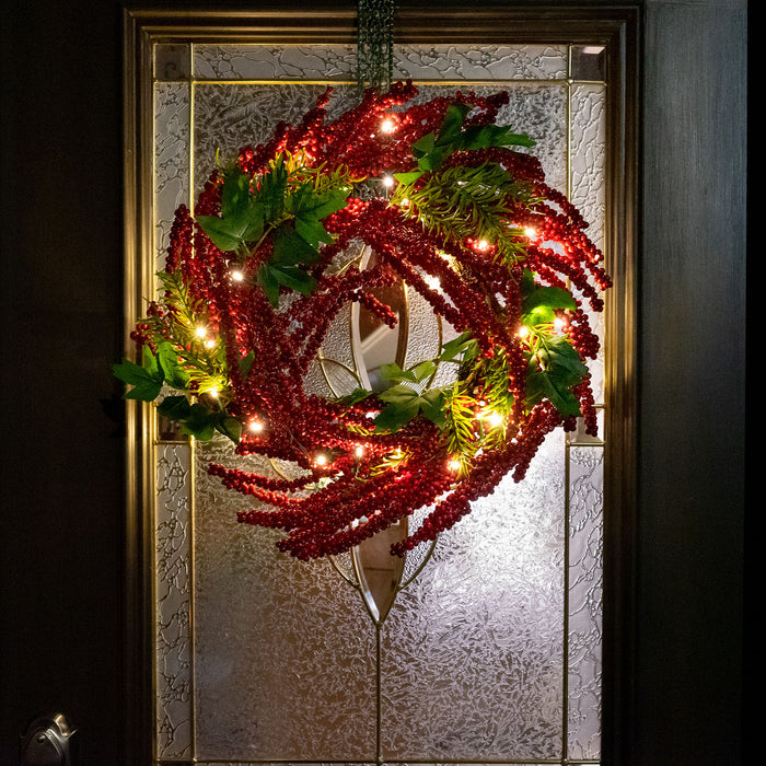 Red Co. 20" Christmas Wreath with Battery Operated LED Lights, Artificial Home Décor for Fall Winter