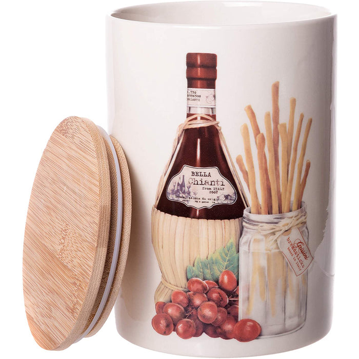Round Stoneware Canister - Wine & Breadsticks - Food Storage Jar with Airtight Bamboo Lid