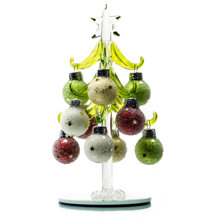 Tabletop Green Christmas Glass Tree with 12 Round Multicolored Glittered Removable Ornaments - Christmas Holiday Décor Collection, 6" H