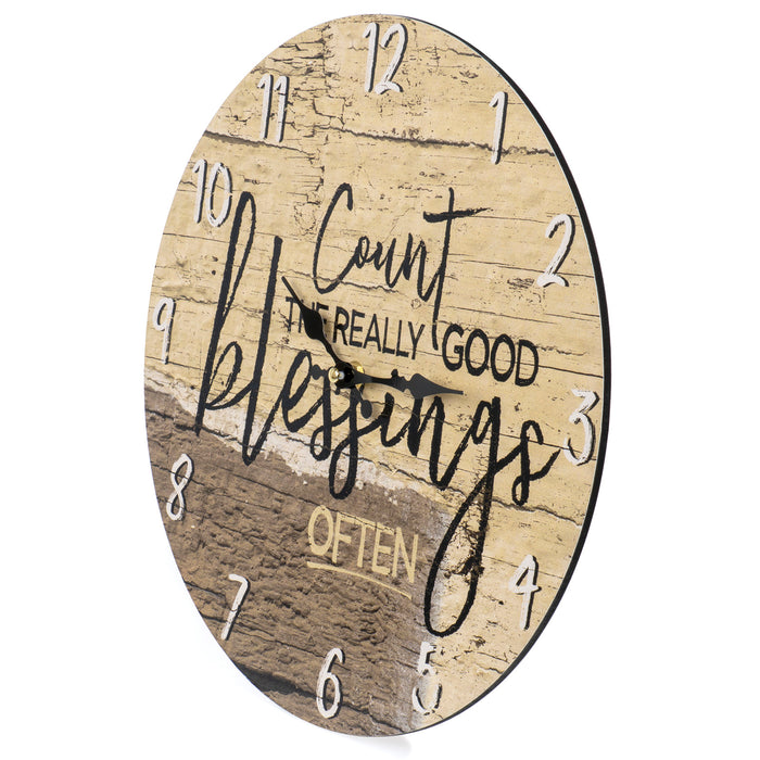 Count The Really Good Blessings Often — Round Wood Style Wall Clock - Farmhouse Rustic Home Decor - 13 Inches Diameter