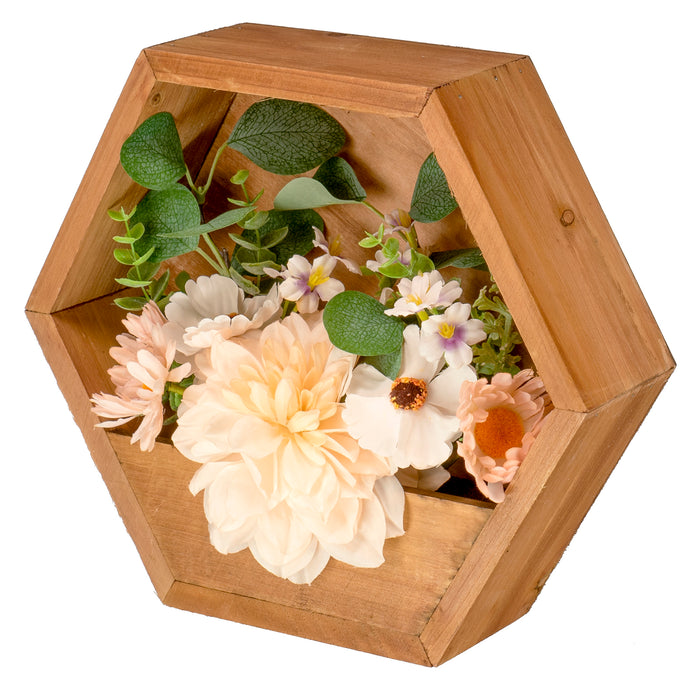 Red Co. Hexagonal Wall-Mounted Wooden Floating Shelf Floral Décor with Faux Peach/White Bouquet, 12" x 10.25" x 3"