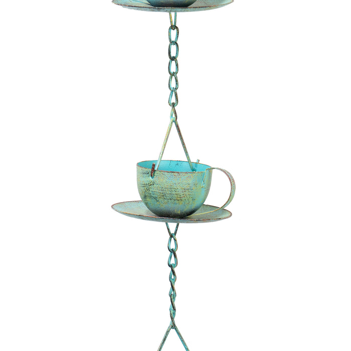 Red Co. 5-Foot Decorative Hanging Metal Rain Chain & Garden Rainwater Catcher – Green Patina Cup  & Saucer