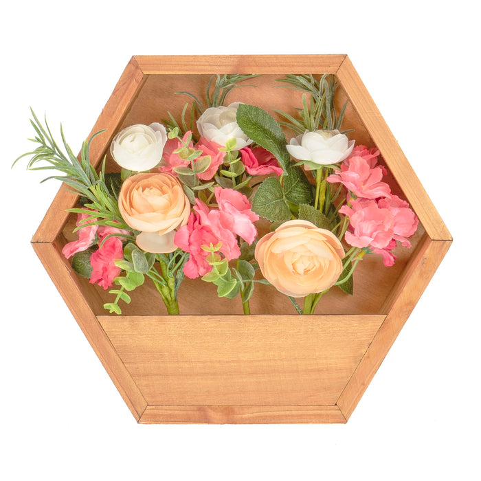 Red Co. Hexagonal Wall-Mounted Wooden Floating Shelf Floral Décor with Faux Pink/Peach/White Bouquet, 12" x 10.25" x 3"
