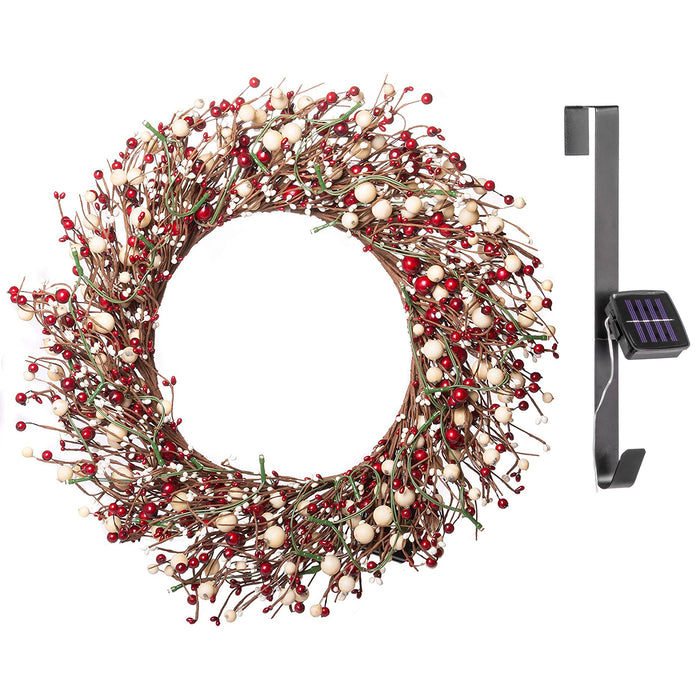 Red Co. Light-Up Christmas Wreath with Red & White Pip Berries and LED Lights, Solar Powered - 22 Inch