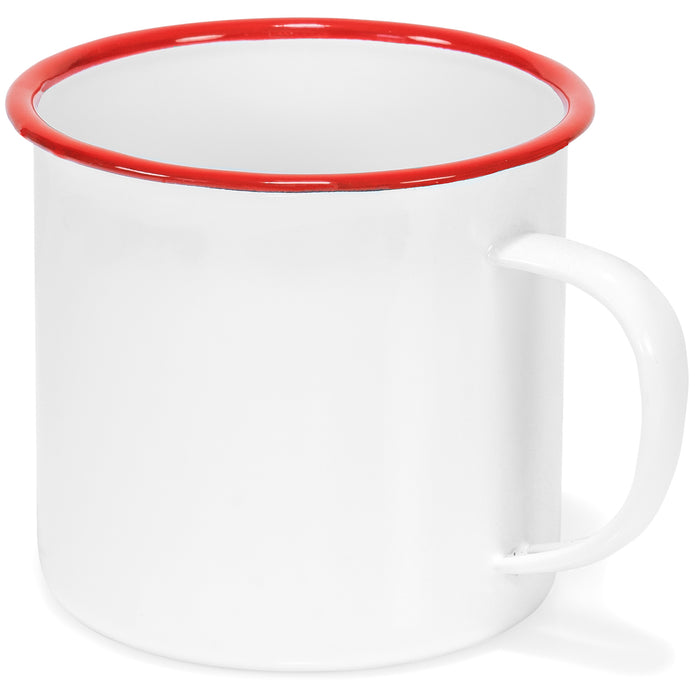 Red Co. Enamelware Metal Large Classic 22 Oz Round Coffee and Tea Mug with Handle, Solid White/Red Rim