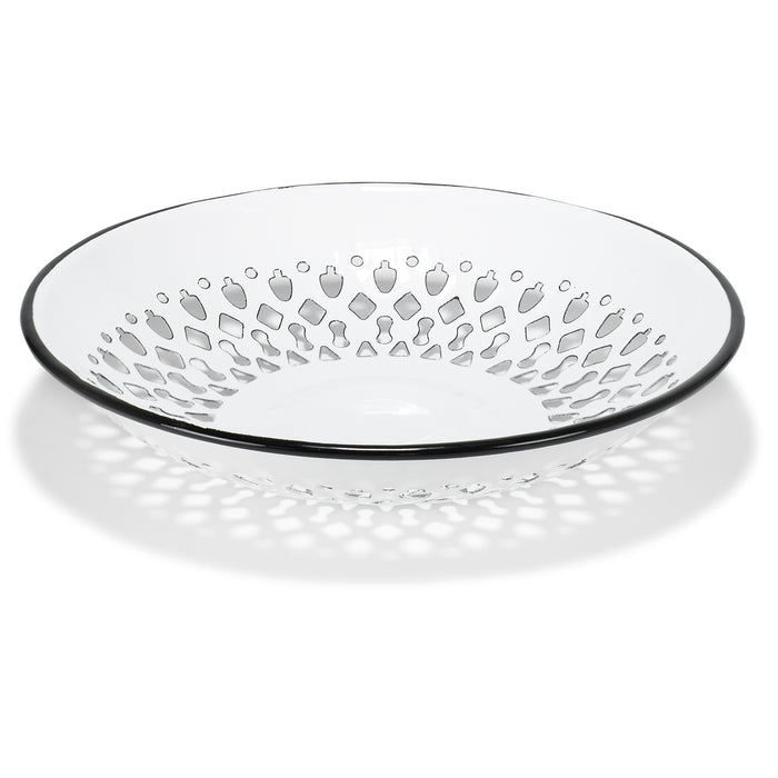 Red Co. Enamelware Metal Classic 9.5 Inch Round Flat Food Strainer Colander, Solid White/Black Rim