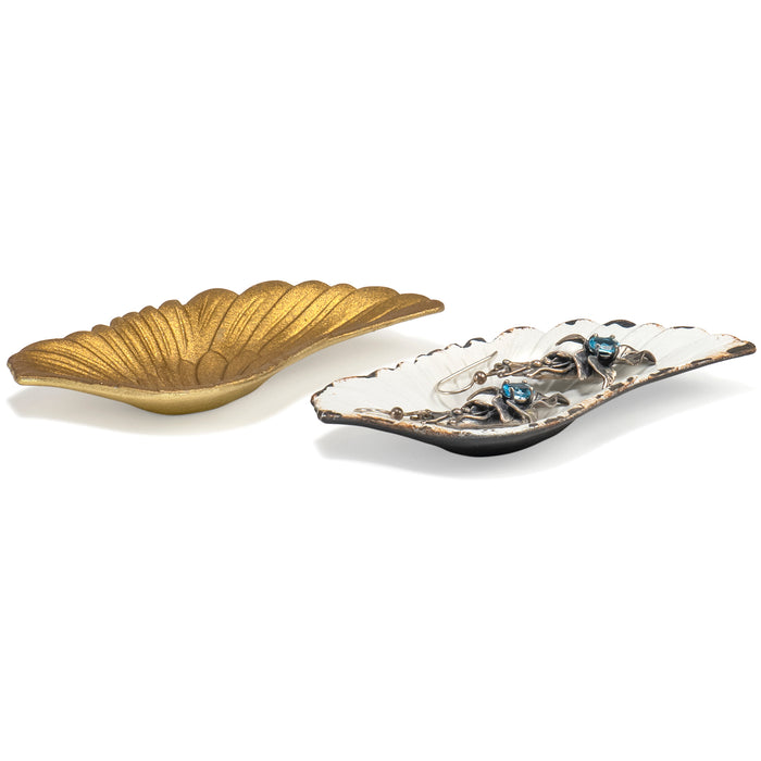 Red Co. Set of 2 Decorative 4” Small Pewter Wing-Shaped Jewelry Dish Trays, Distressed White & Gold