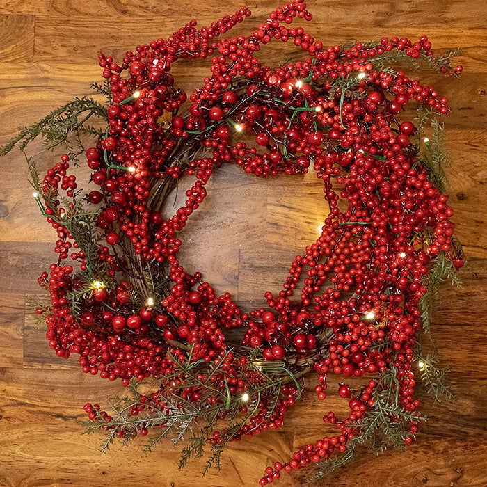 22 Inch Light-Up Christmas Wreath with Red Cranberries, Plug-in Operated LED Lights