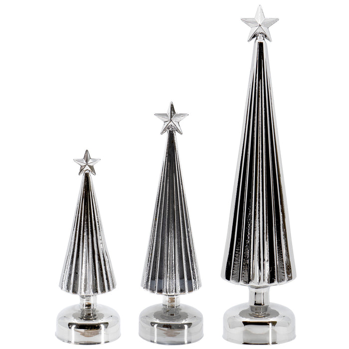 Red Co. Glass Christmas Tree Figurine Ornaments in Silver Finish, Light-Up Holiday Season Decor, 15.5-inch, 12-inch, 10-inch, Set of 3