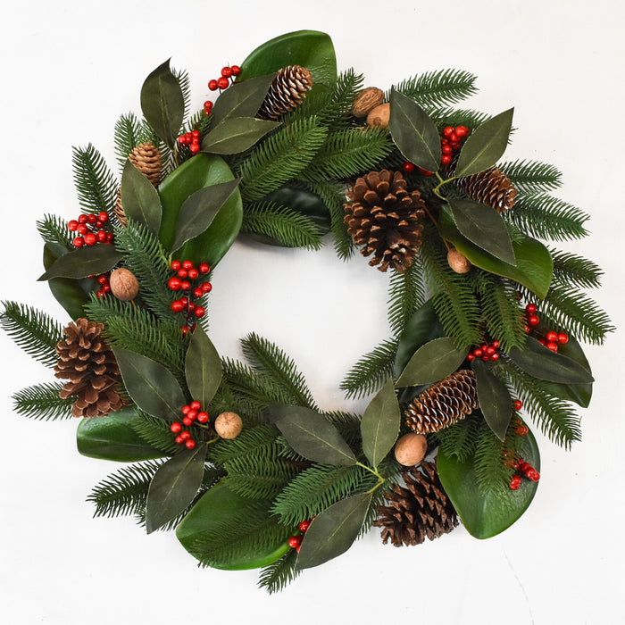Red Co. Artificial Winter Pine with Magnolia & Chestnuts Front Door Wreath, Christmas Wall Decoration - 17 Inches