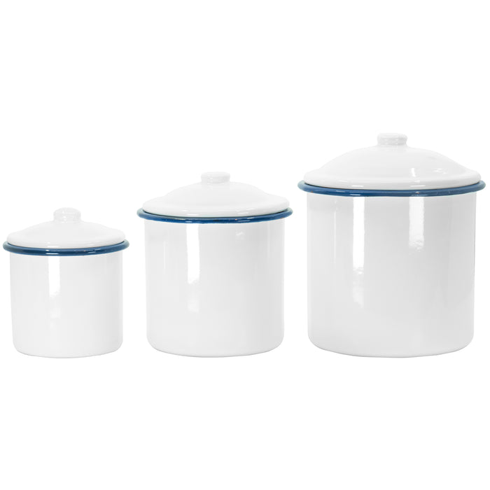 Red Co. White Enamelware Mug Pots with Blue Rim & Lid - Set of 3 Nesting Cups, Perfect for Picnic, Camping, Outdoor Activity
