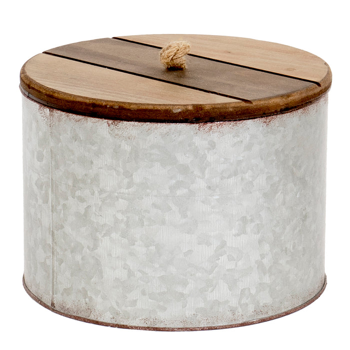 Rustic Galvanized Metal Round Storage Box with Wooden Lid - Country Style