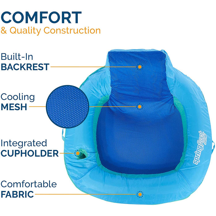 SwimWays 6060074 Spring Float SunSeat Comfortable Summertime Relaxation Lounge Seat with Cup Holder for Water Pool Lake River Ocean Pond Beach, Blue