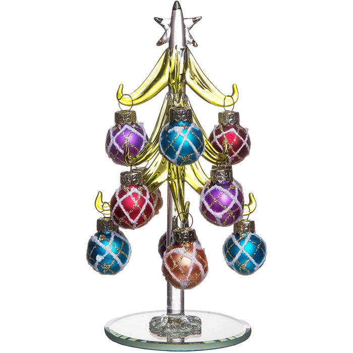 Mini Glass Christmas Tree Decoration, Green with Multi-Colored Removable Sphere Ornaments, Holiday Season Décor, 6-inch
